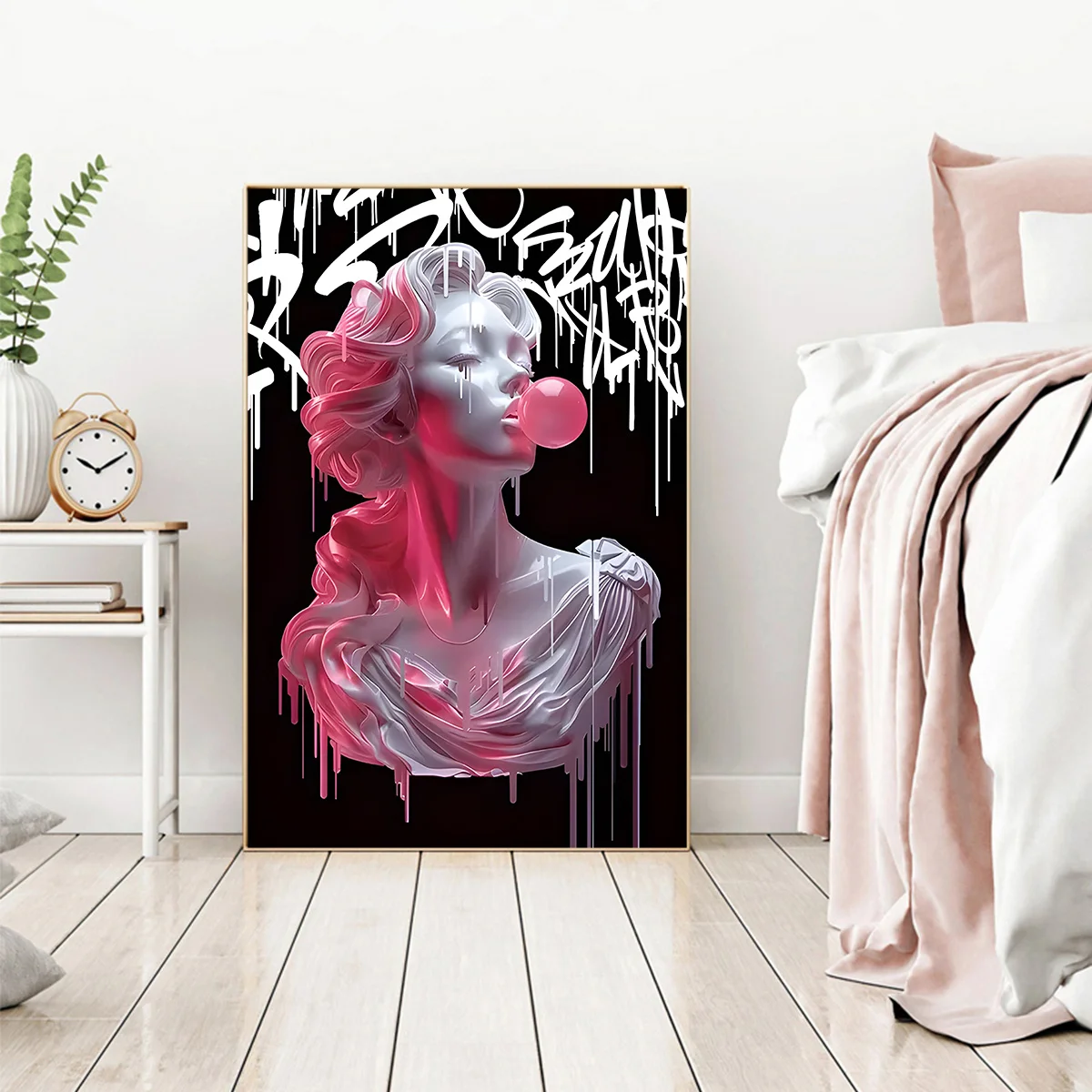 Schickes rosa Mädchen bläst Ballon-Leinwandgemälde, Kunstdruck – moderne flüssige Wanddekoration für Wohnzimmer und Küche, wiederverwendbar