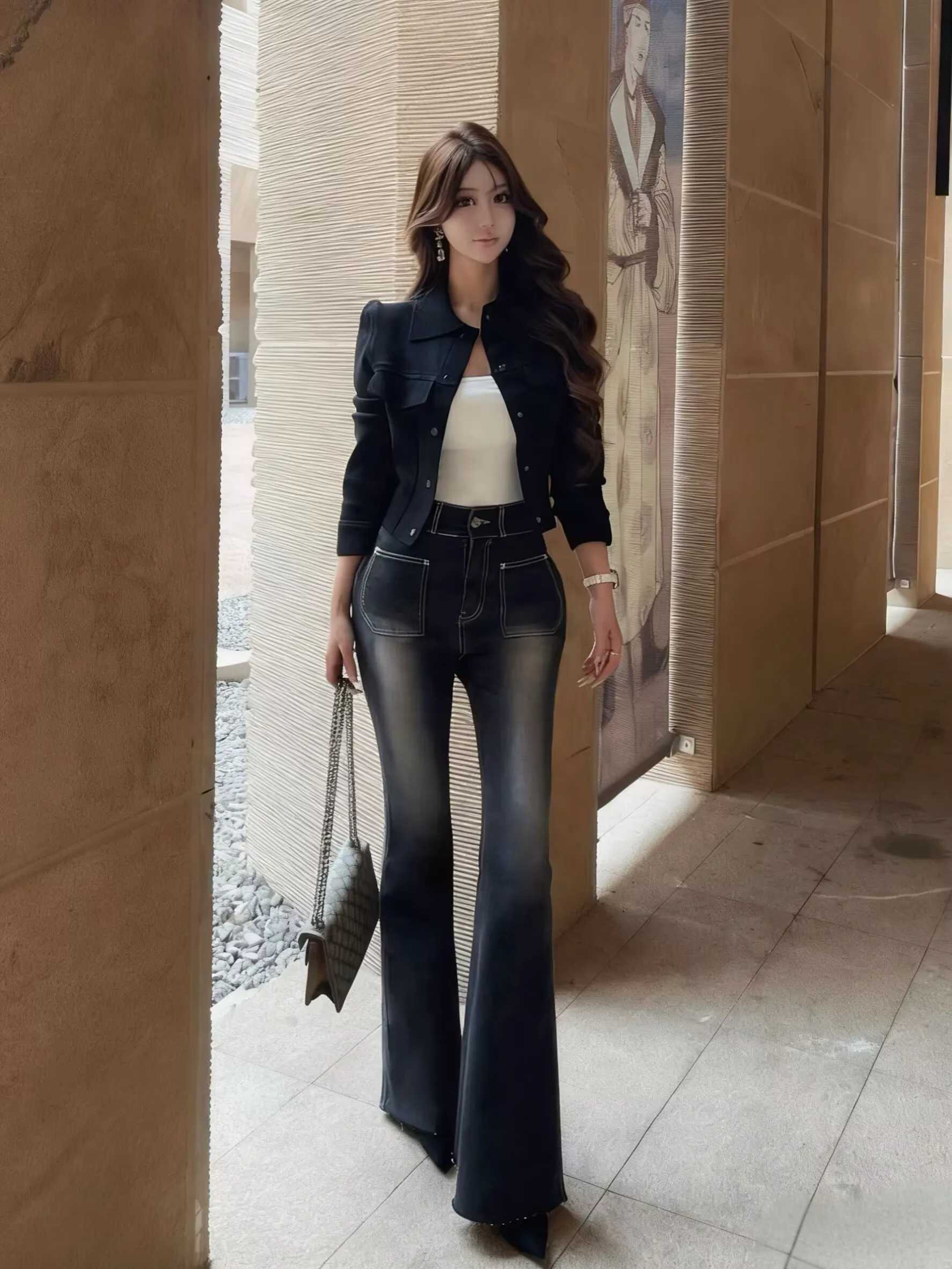 

Korean Sle High Waist Bell Bot Jeans Women's plus Size Denim Pants Long Legs Proportional Body ape Enhancing Trousers