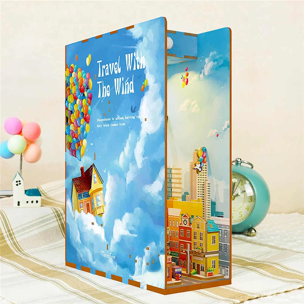 DIY Booknook 3D Wooden Book Nook Puzzle with LED Shelf Insert Kits Miniature Travel with The Wind Bookends DollHouses Toys Gifts