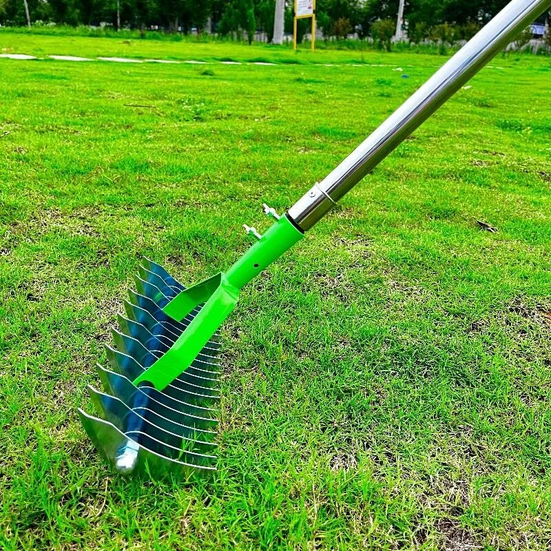 Full Stainless Steel Lawn Thatch Rake, Garden Tool for Turf Combing, Dead Grass & Leaf Cleaning, Soil Turning and Weeding