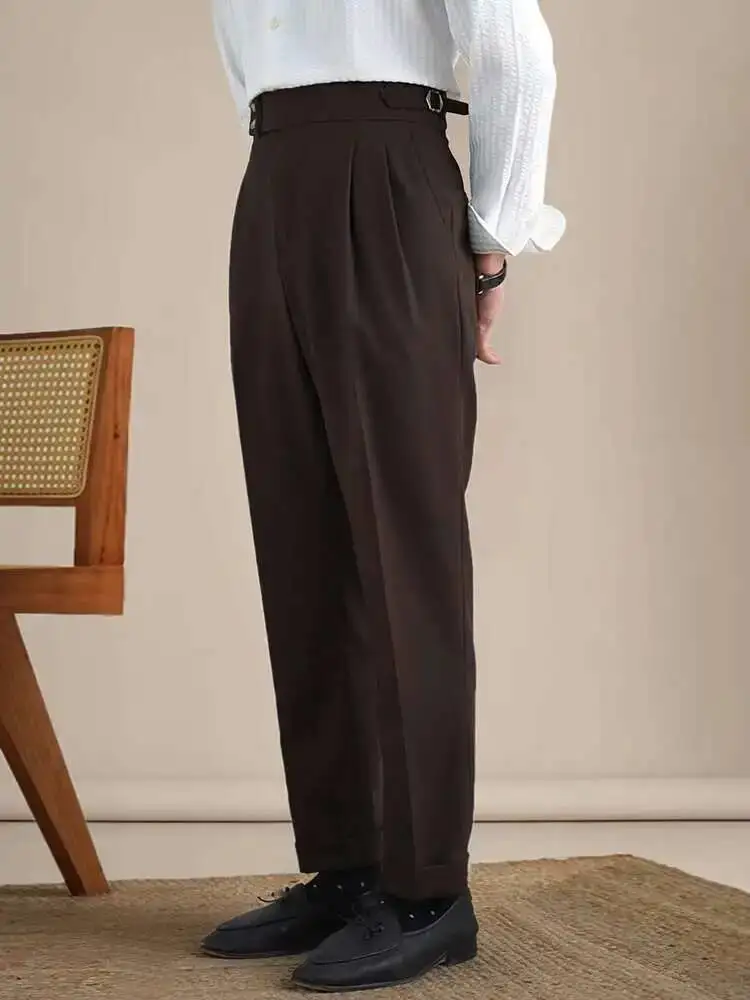 Naples Double Fold High Waist Linen Suit Pants For Men Summer Breathable Straight Leg Office Trousers Men Pantalon Costume Homme