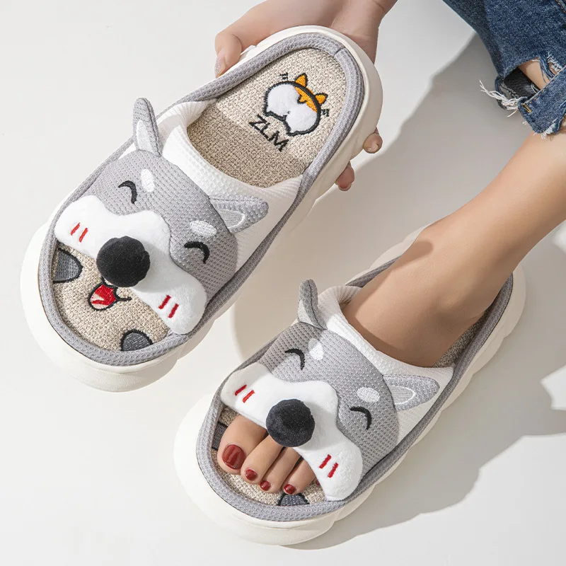 Comwarm Lovely Linen Slippers Women Soft Thick Bottom Soft Home Slippers Cute Cartoon Slippers Unisex Four Seasons Flat Slippers