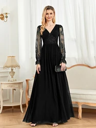 XUIBOL Elegant Long Sleeves Tulle Embroidery Evening Dress 2024 Women Chiffon Slit Bridesmaid Wedding Party Dress Formal Prom