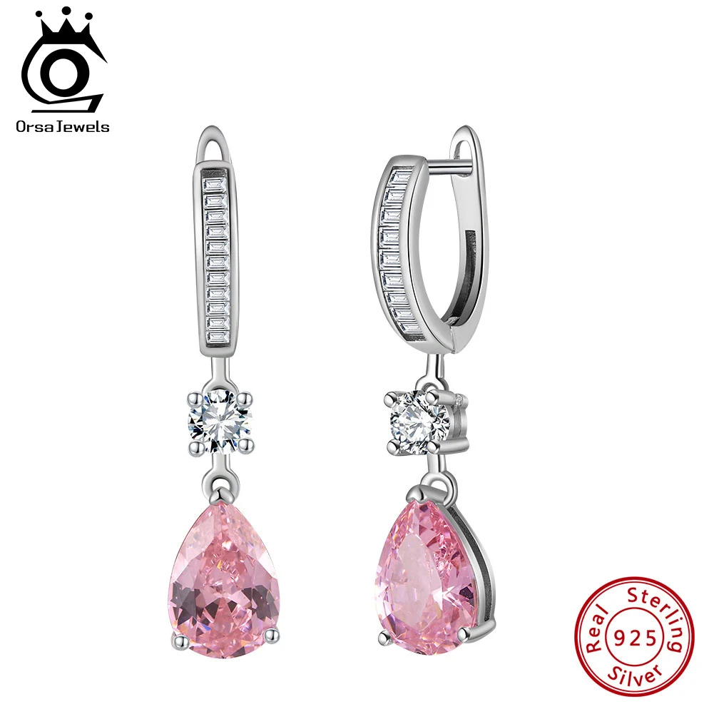 ORSA JEWELS Oryginalne kolczyki ze srebra próby 925, 5A, przezroczyste, różowe kolczyki CZ z rodowanymi kolczykami dla kobiet Biżuteria LZE33