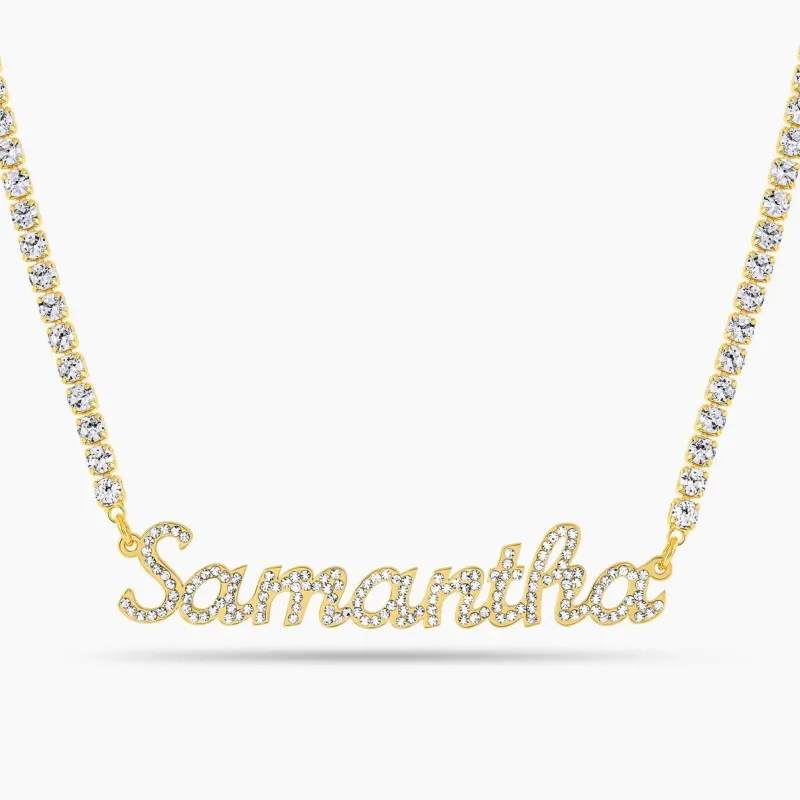 

Iced Signature Script Name Necklace Stainless Steel Custom Name Pendant Gold Tennis Chain Women's Jewelry Birthday Gift