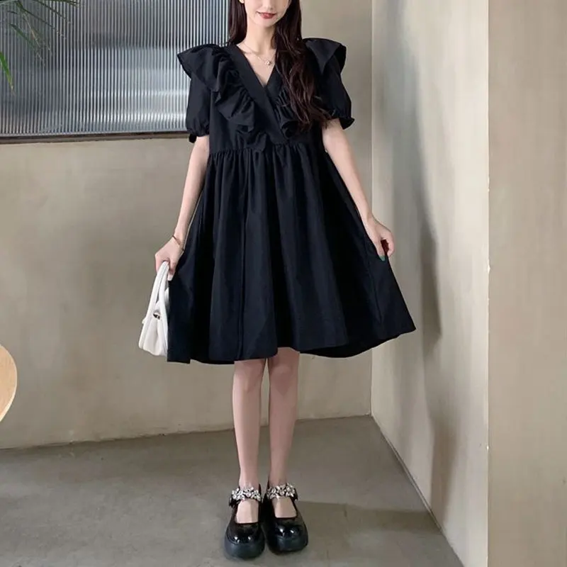 Stylish Ruffles Spliced Loose Dresses Solid Color Women\'s Clothing Casual V-Neck Summer New Short Sleeve Sweet A-Line Midi Dress