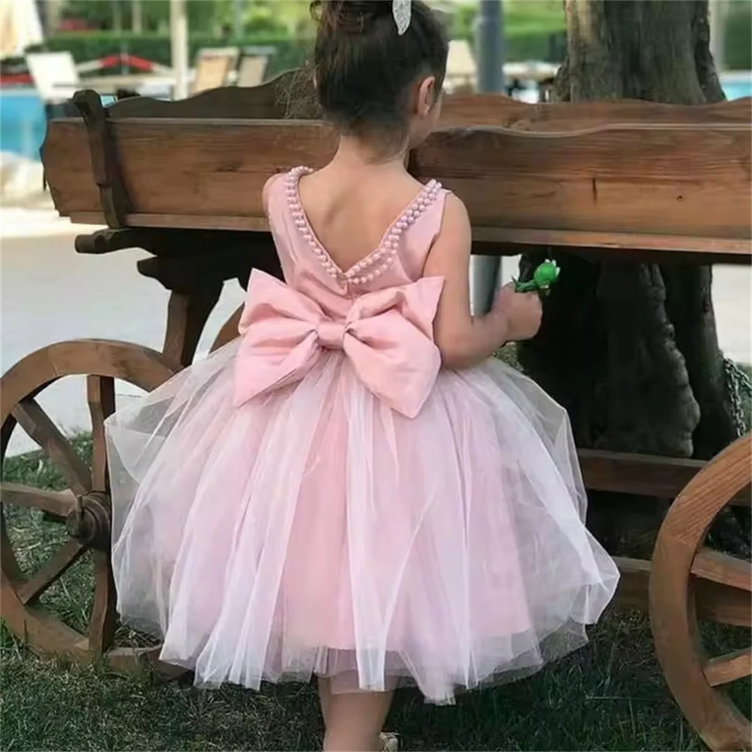 

Lovely Pink Flower Girl Dress Tulle for Weddings Simple and Cheap Pearls Tea Length Baby Birthday Kids Birthday Party