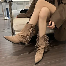 Ladies Shoes 2024 High Quality Mid-Calf Women's Boots Fashion Tassel Modern Boots Women Sexy Pointed Toe Solid Shoes for Women