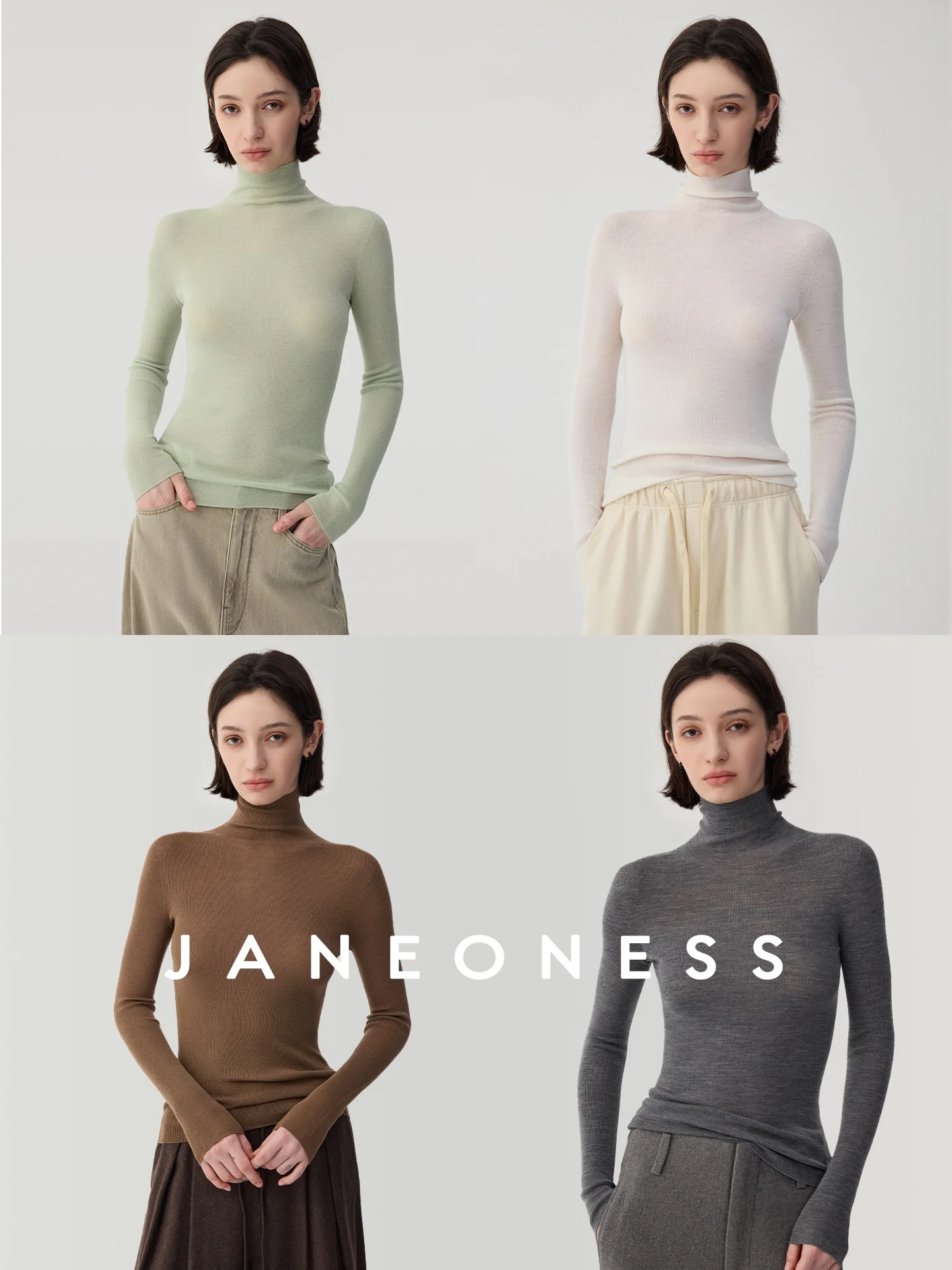 

JANEON 20s hine Waable Merino Wool High Ne Sl Knitted Base irt 8 Needles Simple Sle Women's Sweater