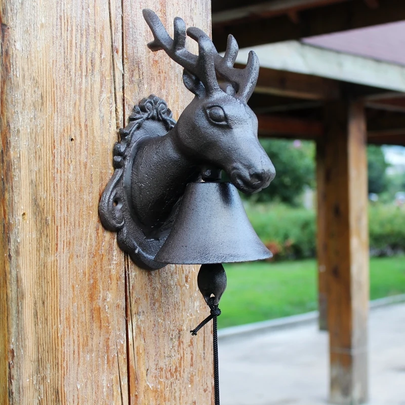 European Style Garden Door Bell Cast Iron Deer Antlers Craft Ornaments Iron Do Old Gardening Decor Courtyard Hand Cranked Bell