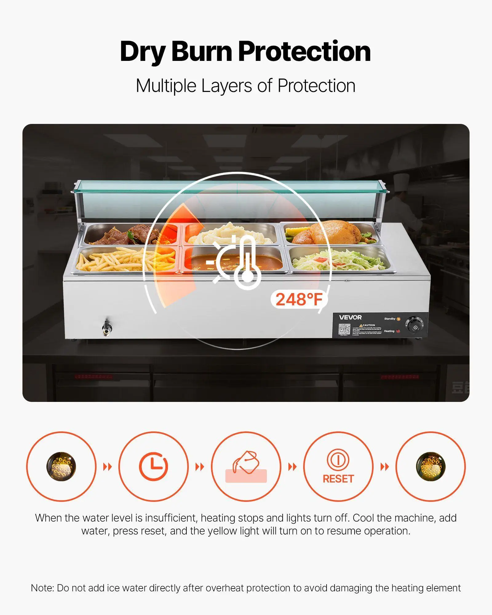 Adjustable Temperature Food Warmer 1500W 6x1/2 Pans 5.9in Depth Stainless Steel Steam Table with Glass Cover and Ladles