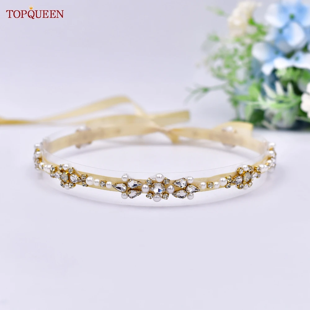 

TOPQUEEN Pearl Goldwater Diamond Wedding Dress Belt Luxury Opal Beaded Dress Shiny Bridal Belt Rhinestone Bridesmaid Belt S488-G