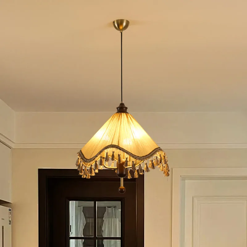 

French Vintage Taper Tassel Fabric LED Ceiling Pendant Lights Living Room Bedroom Restaurant Wooden Hanging Lamp Home Decoration