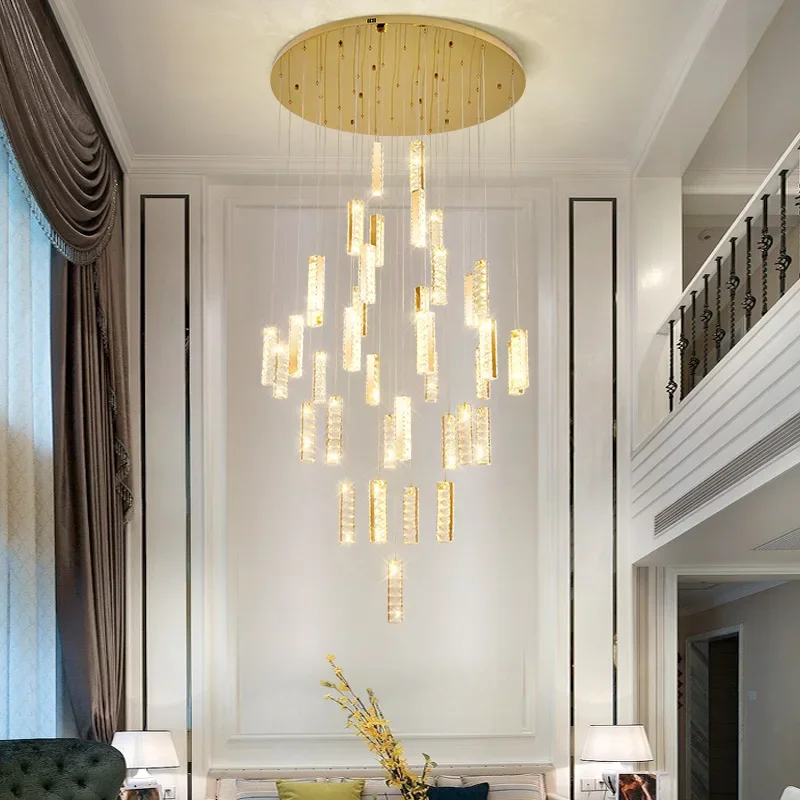 Empty light luxury villa crystal staircase light rotating atmosphere hotel lobby duplex building sky luxury warm chandelier