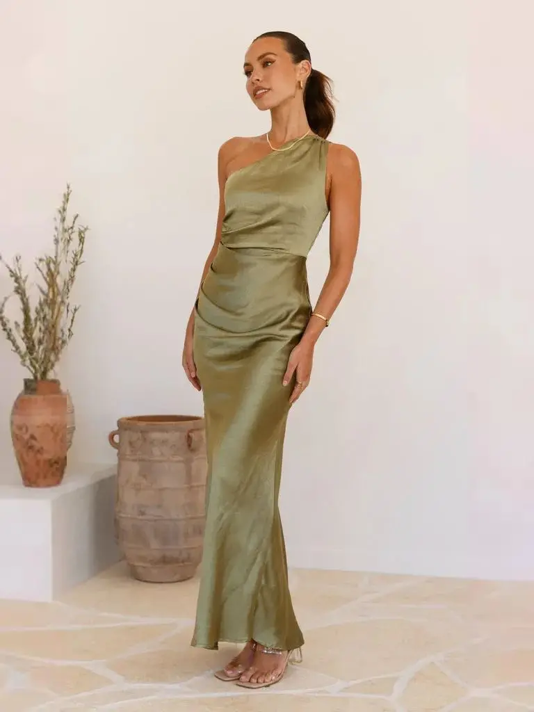 open lace back dress Hermie Silky Satin Maxi Dress Olive | Wedding Guest Dress | Maxi