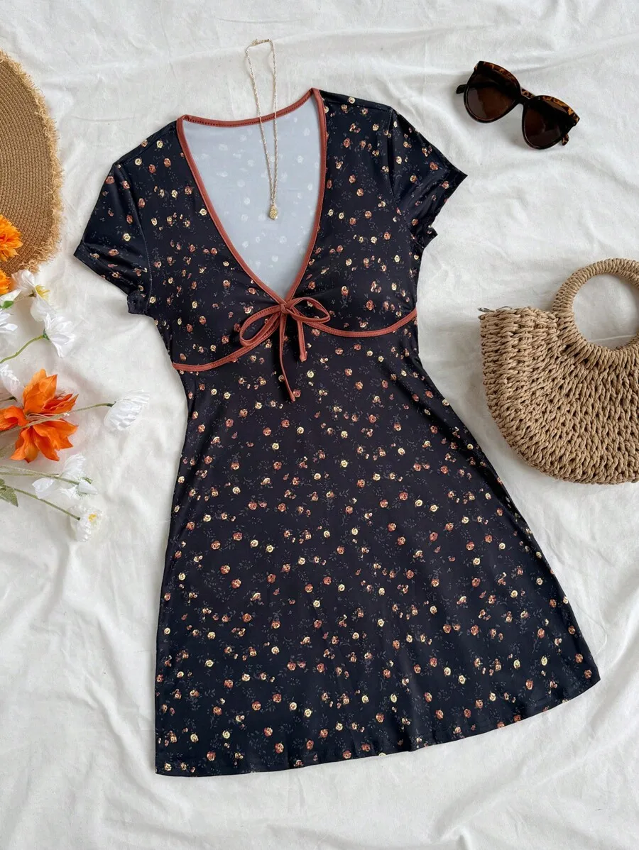 

V-Neck Color Block Bowknot Mini Dress Ditsy Floral Print Elegant Women's Summer Fashion Casual Dress