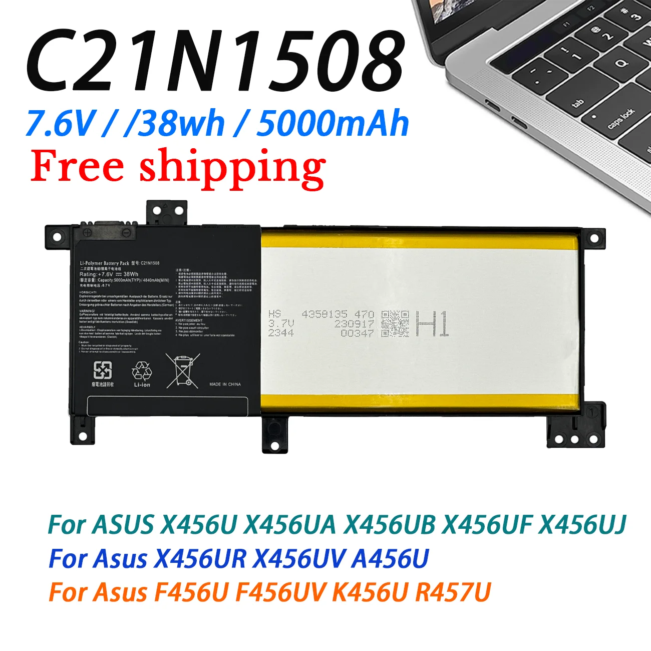 C21N1508 Laptop Battery For ASUS X456U X456UA X456UB X456UF X456UJ X456UR X456UV A456U F456U F456UV K456U R457U 38WH