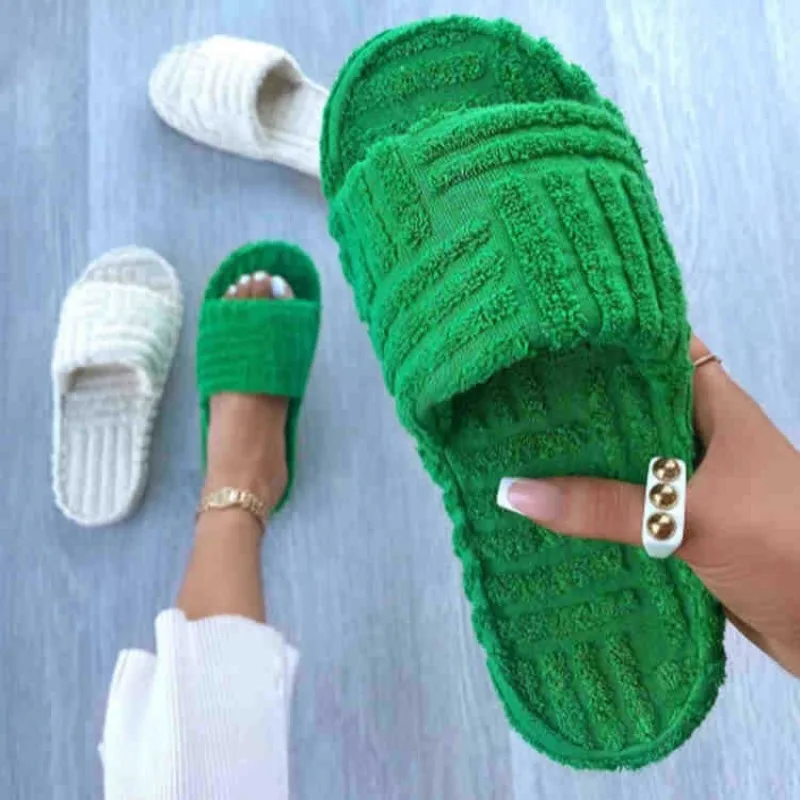 Faux Fur Home Peep Toe Slippers Women Thick Bottom Slides Flat Female Plush Embossed Towel Cotton Shoes Woman Indoor Flip Flops