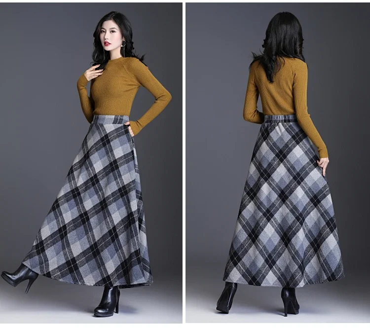 Damesmode Lente Herfst Winter Retro Plaid Elegante Wollen A-lijn Rok Middellange Hoge Taille Dames Lange Rok