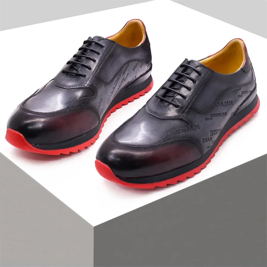 Men's High-End Leather Sneakers Lace-Up Casual Shoes Color-Changing Letter Pattern Party Dress Wedding Footwear