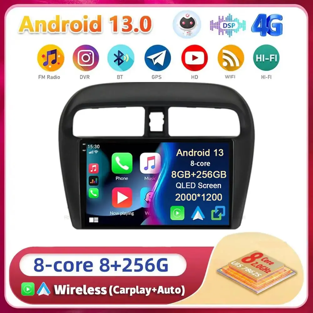 

Автомобильный мультимедийный плеер на Android 13 Carplay для Mitsubishi Mirage Attrage 6 2012 2013 2014 - 2018 2019, автомобильный радиоплеер с Wi-Fi DSP стерео