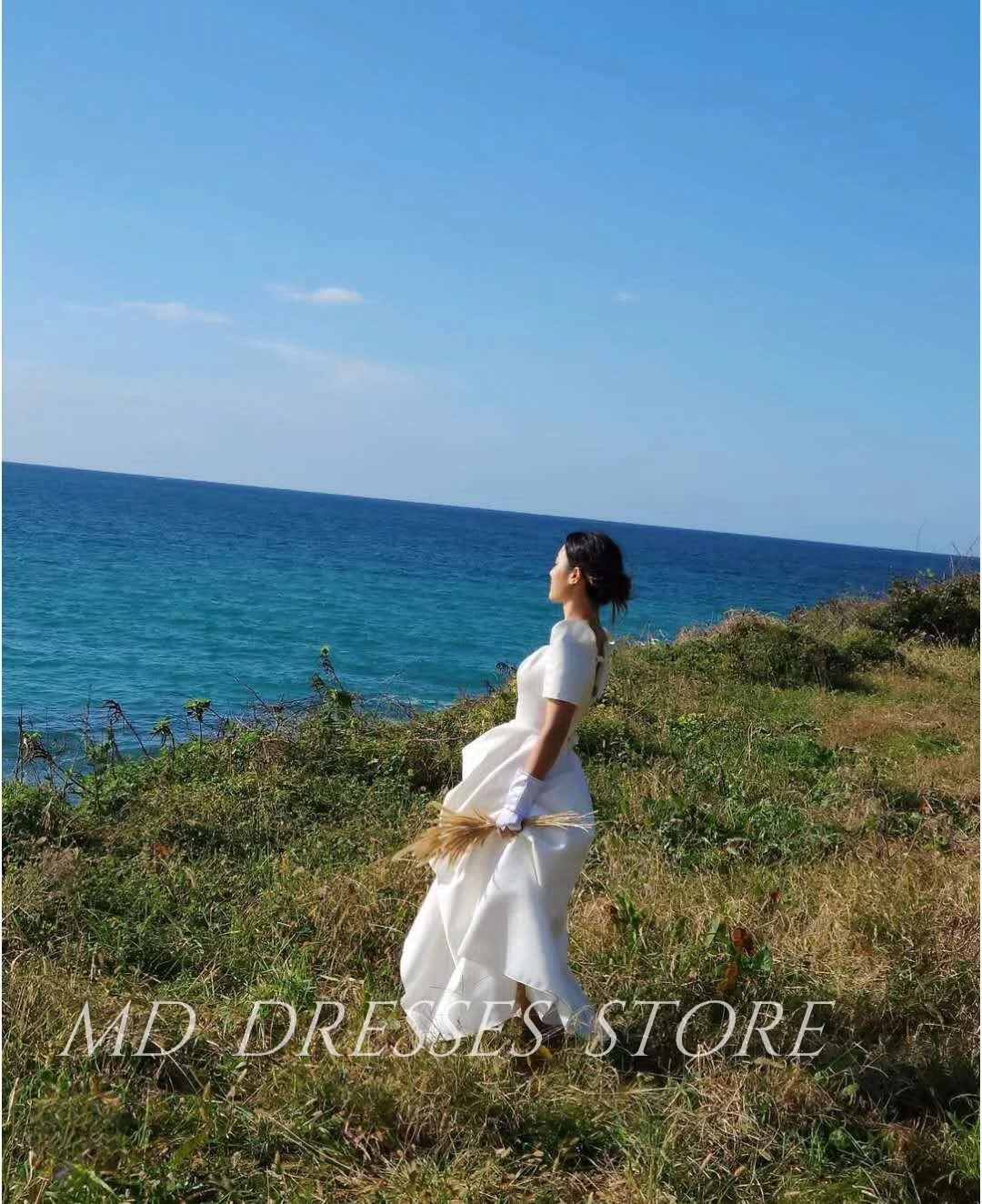 Md 2025 vestidos de casamento brancos simples para mulheres, linha a, gola quadrada, pregas, sessão de fotos coreana, comprimento do chão, vestidos de noiva personalizados