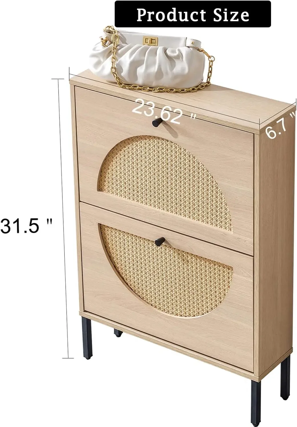 Shoe Storage Cabinet, Wekity Rattan  Cabinet with 2 Flip Drawers,   Organizer for Heels Slippers Boots, Wood Narr