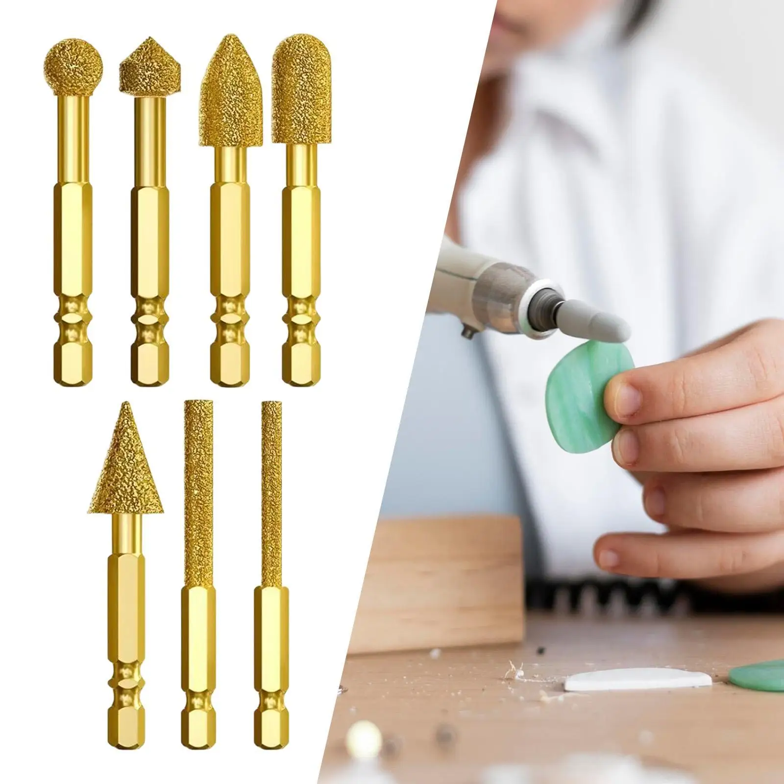 7x Diamond Grinding Bit Grinding Burrs Professional Replaces Studio Hexagonal Shank for Glaze Quartz Glass Ceramic Porcelain