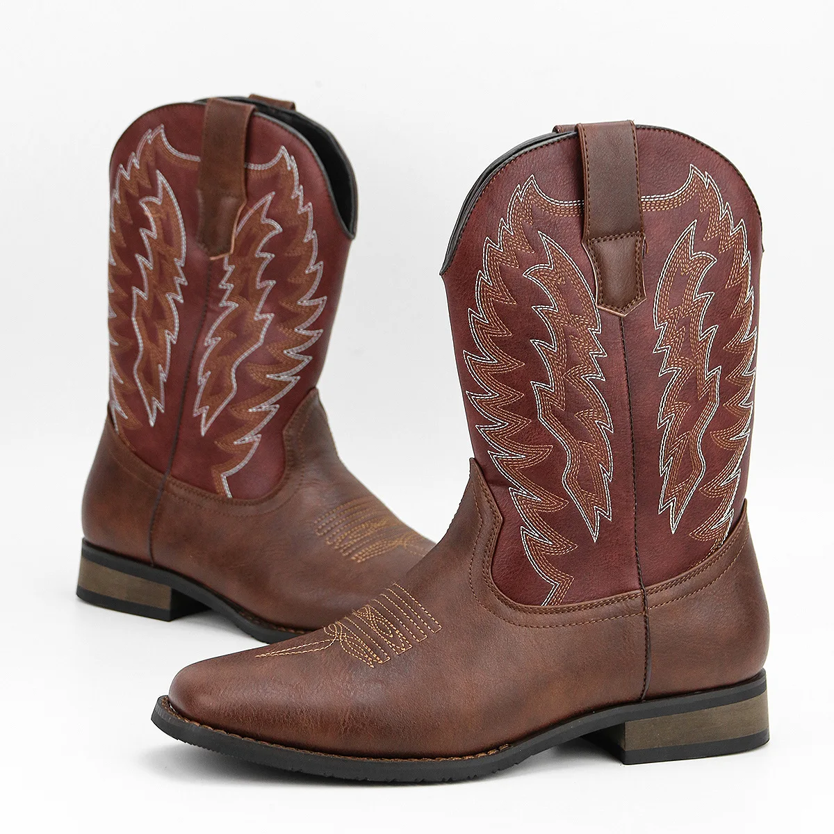 Embroidered Western Cowboy Boots for Men Autumn Pointed Toe Mid Calf Boots Man Loose PU Leather Botas Mujer