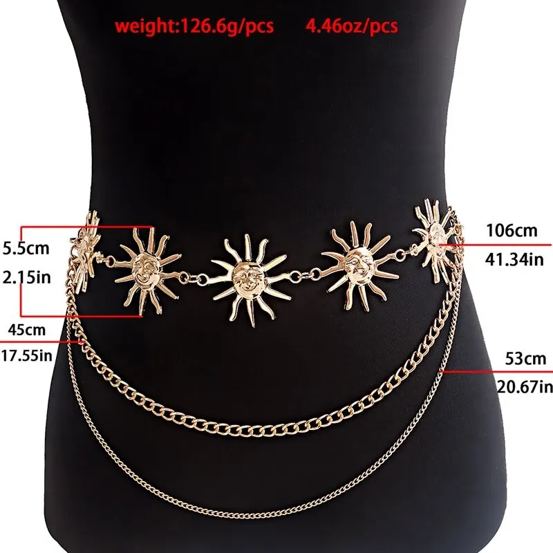 Multicamadas punk gótico lua sol cintura corrente cintos de metal para mulheres vestido de jóias cintura cinto de corrente