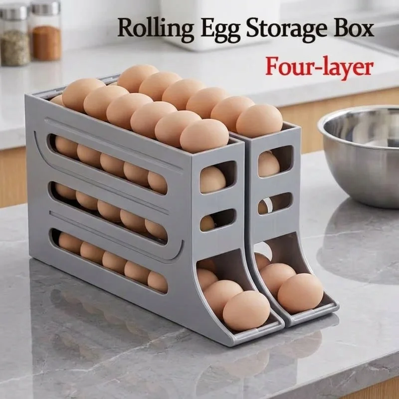 4 Layer Automatic Rolling Egg Dispenser, Refrigerator Egg Storage Rack, Space Saving Kitchen Organizer for Fridge Countertop