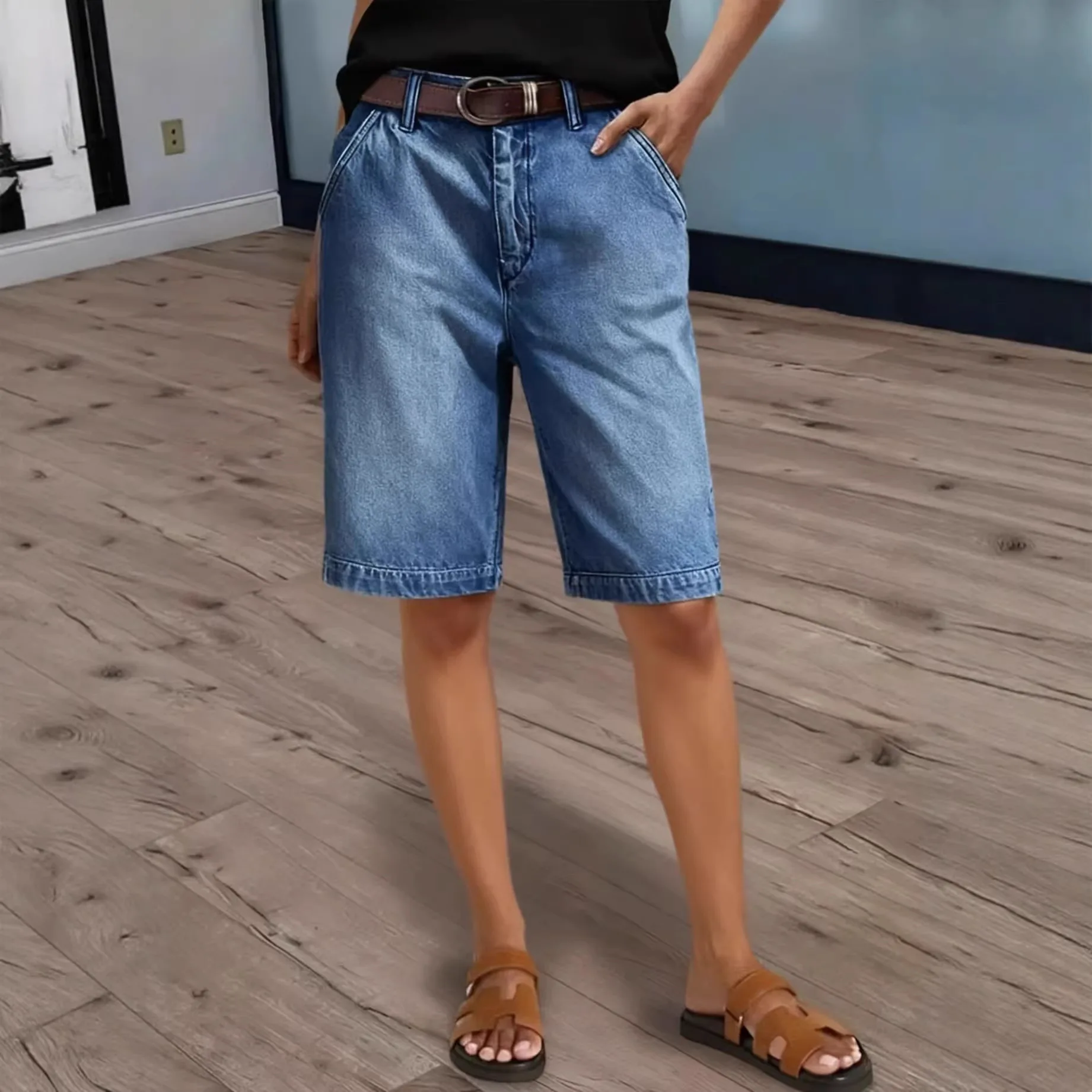 

Women Knee Length Denim Shorts Ladies Casual High Waist Stretch Pockets Straight Jean Short Pants