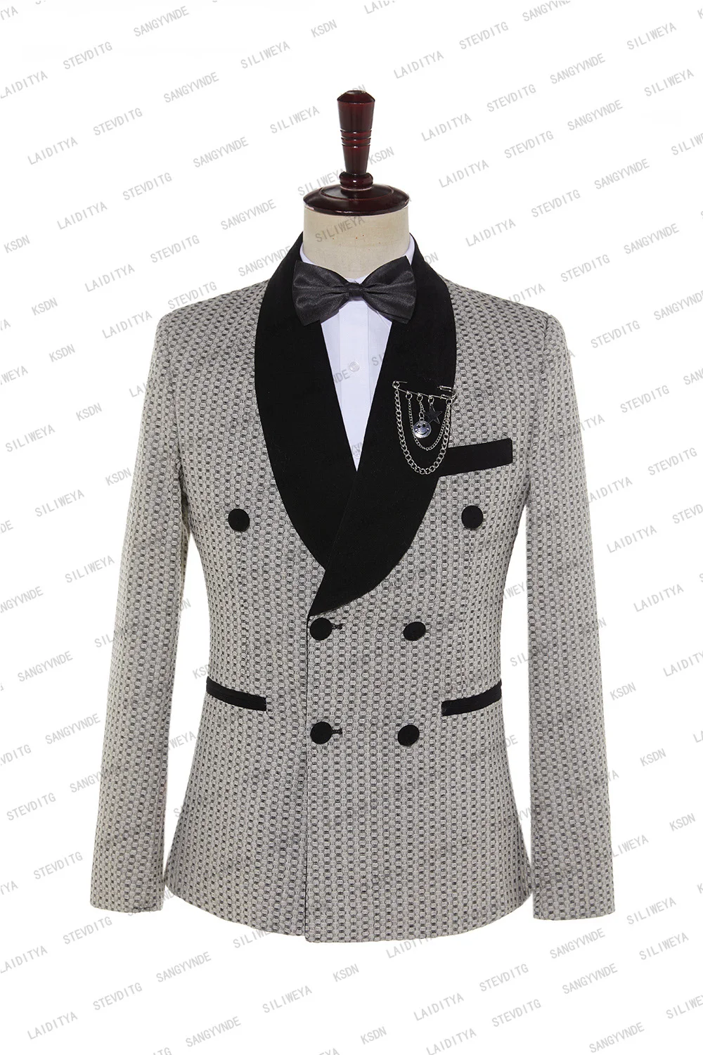 2023 Fashion New Men's Business Double Breasted Suit Khaki Black Velvet Lapel Polka Dots Slim Fit Wedding 2 Pcs Set Jacket Pants