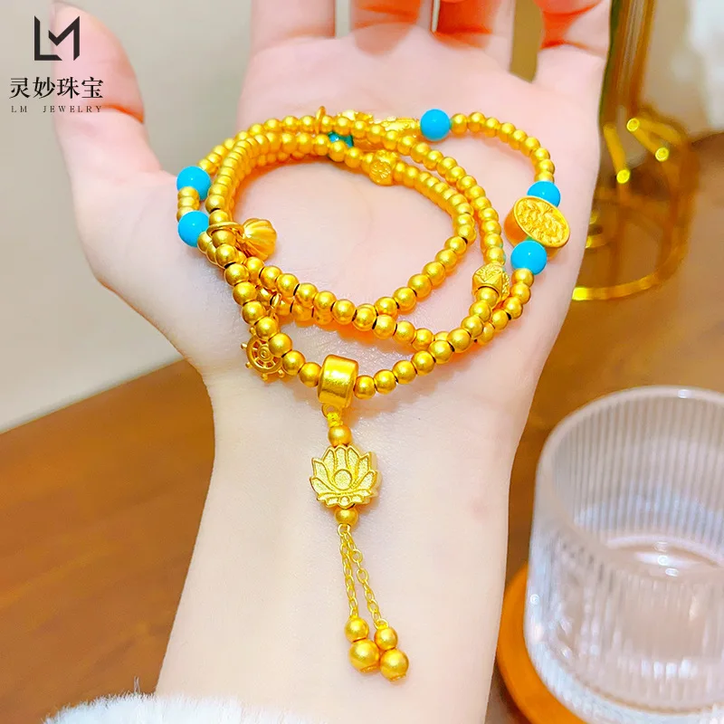 

9999 24K real gold luxury jewelry beads and beads are happy three-ring Buddhist beads bracelet women's multi-ring sweater chain