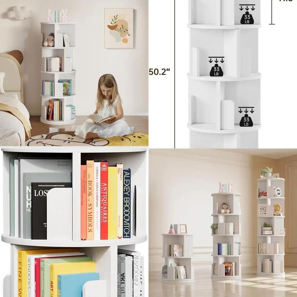 

White 4-Tier Corner Bookshelf - 360° Swivel for Compact Spaces: Ideal for Bedrooms, Living Rooms, and Studies