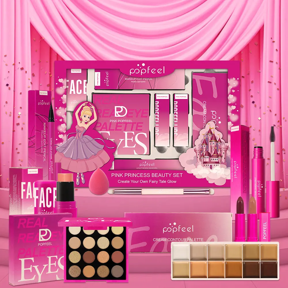 POPFEEL Różowy Zestaw do Makijażu Księżniczki - 8-częściowy Zestaw Kosmetyków na Prezent na Boże Narodzenie, Urodziny i Święta |   Zawiera cienie do powiek, szminkę
