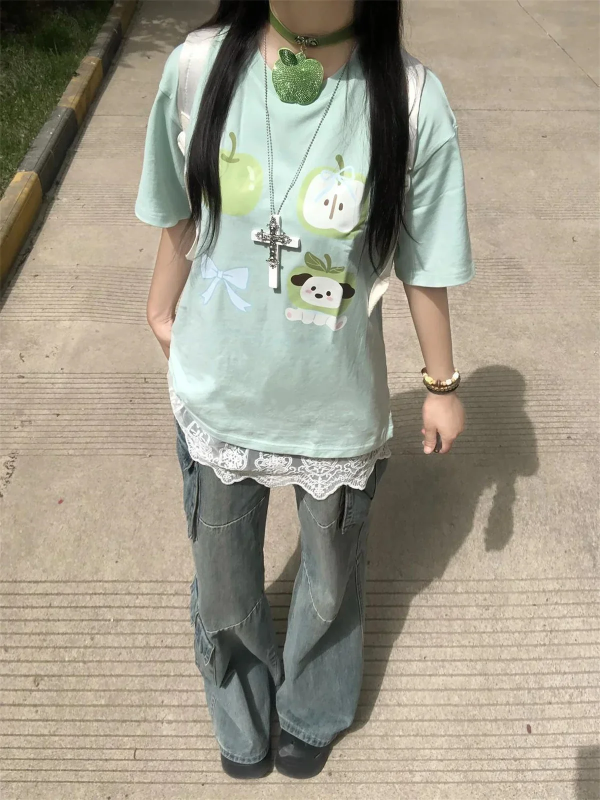 Lässiges All-Match Vintage T-Shirt, Sommer Kawaii Niedliches Cartoon-Print-Shirt, Damenmode, Lässige Japanische Schicke T-Shirts – Detail 4