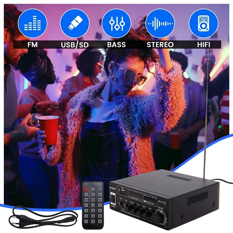 AV-660BT Bluetooth Sound Amplifier Power Amplifier Support Bluetooth, FM Radio, USB, SD Card & Dual Mic Inputs EU PLUG