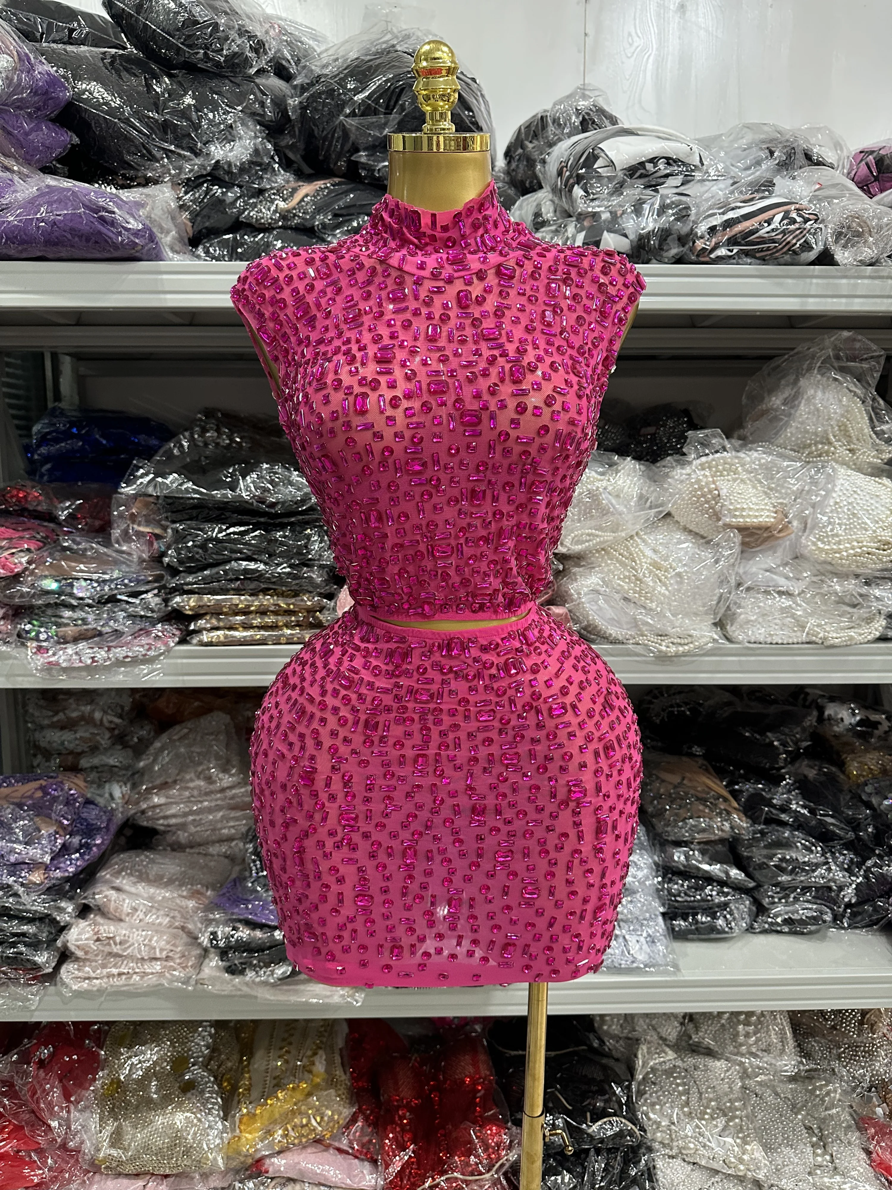 Women Sexy Two Pieces Set Women Skin Crystal Diamond Night Club Skirt Suits Singer Dancer See Through Stage Performance Costumes