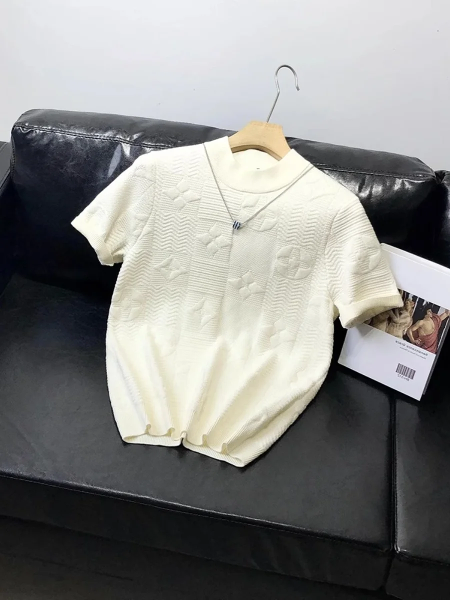 

Новая модная вязаная футболка с вышивкой и круглым вырезом, однотонная, в современном стиле, весна-лето