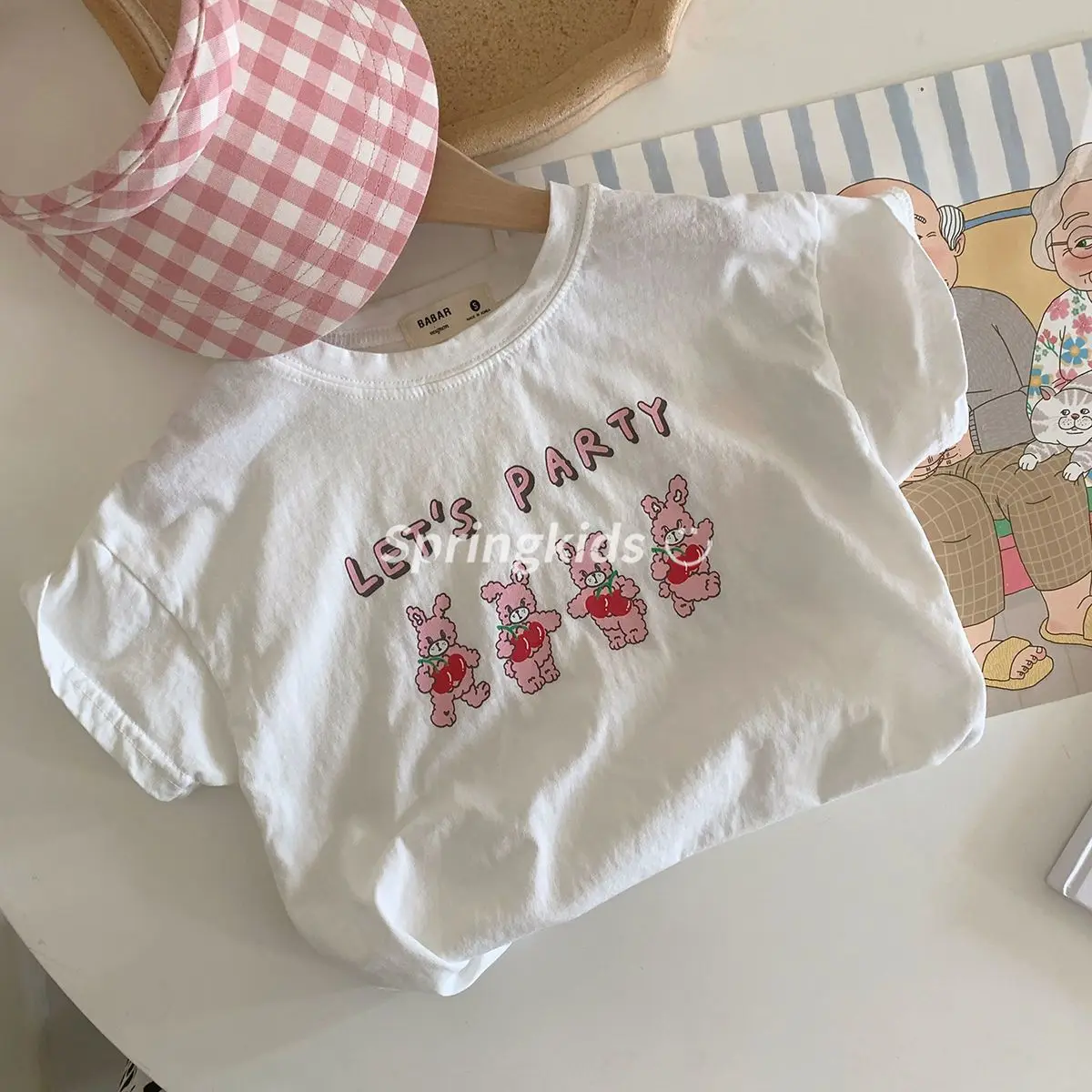 Camiseta de verano para niños, Top de algodón coreano para niños, camiseta de manga corta con estampado de conejo pequeño para niños