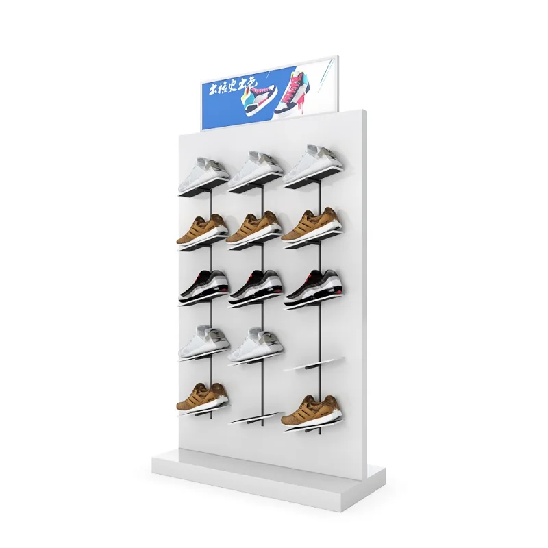 custom.Retail sports footwear logo white double sides shoes rack shelf wooden big organizer storage for shop