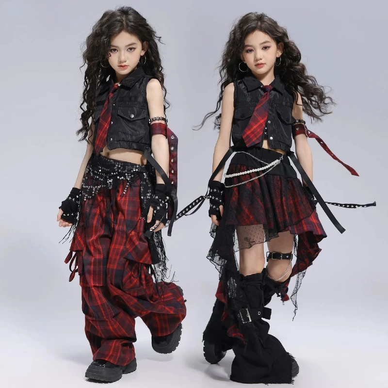 جديد الفتيات الهيب هوب الملابس أزياء الشارع الرقص المحاصيل الأعلى منقوشة السراويل تنورة المراهقين Kpop الجاز الرقص مرحلة الأداء زي #4