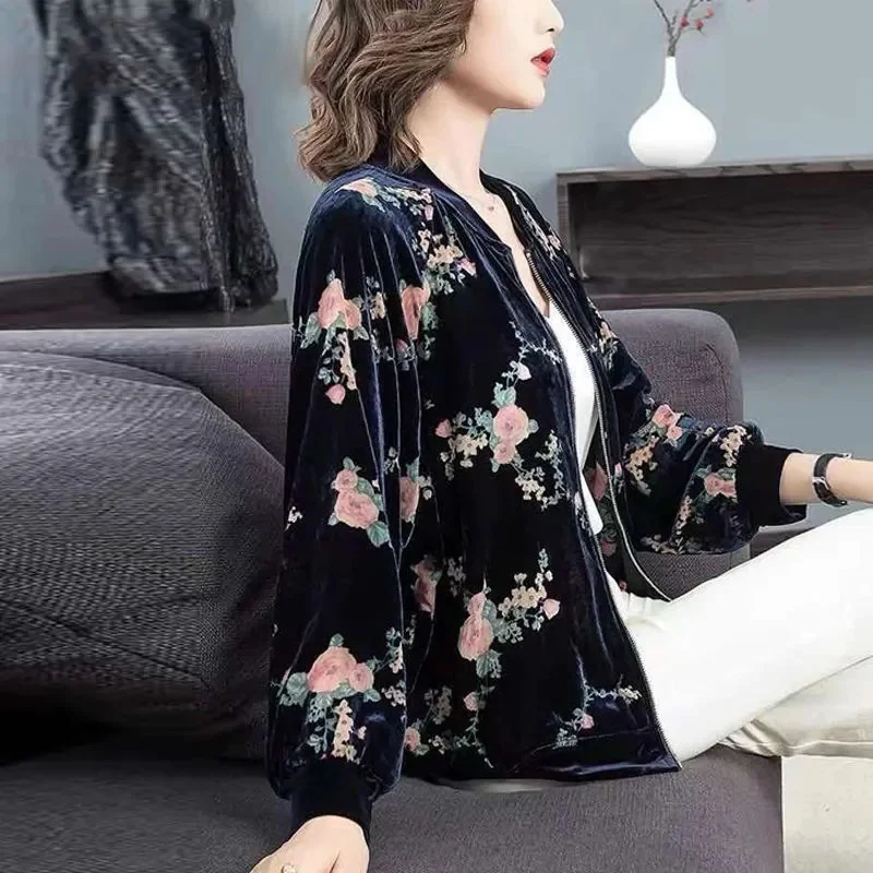 Gold Velvet Jacket Female Autumn Joker Latest Western-style Coat Wearing Clothes Women Korean Loose Printing Cardigan Tide Ins