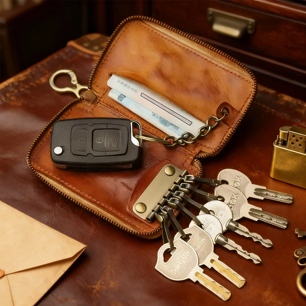 

Genuine Leather Men's Wallet Retro Multifunctional Key Bag High Quality Handmade Coin Pocket Card Holder Zipper Male Purses