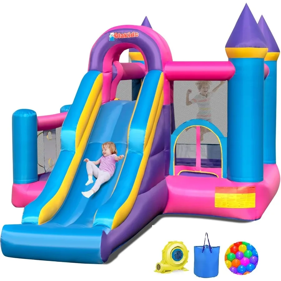 Casa de rebote inflable, castillo de salto rosa para niños con tobogán, pozo de pelotas, pared trepadora, con soplador de 680W, 50 Uds. De bolas oceánicas