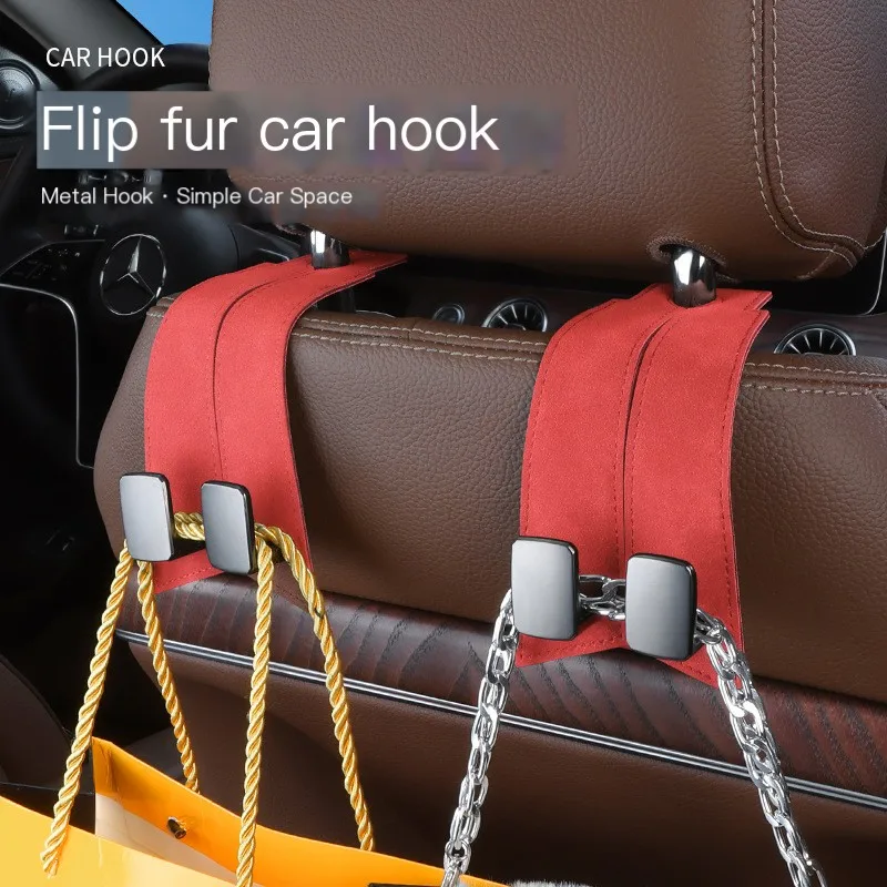 

Upgraded car universal seat back with double hooks and suede interior decoration, metal storage hooks for front and rear seats
