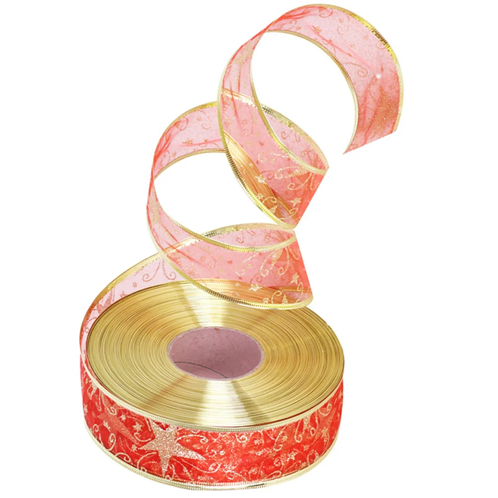 

10M Christmas Ribbon Gold-Edged Pentagram Design For Holiday Tree Decor Diy Gift Wrapping Supplies Party Ribbons Craft Making