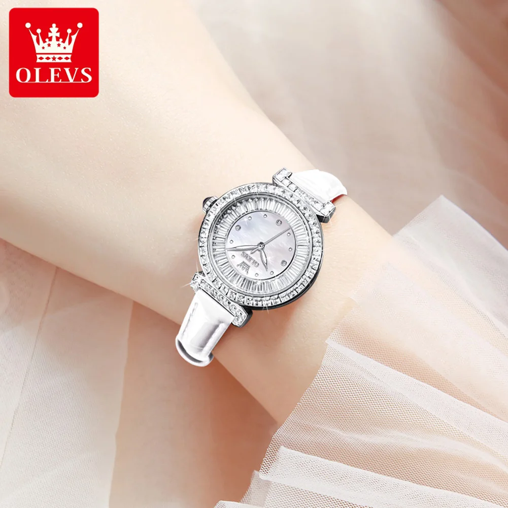 OLEVS-relojes ligeros de lujo para mujer, reloj de cuarzo Original a la moda, correa de cuero resistente al agua, esfera con anillo de diamante