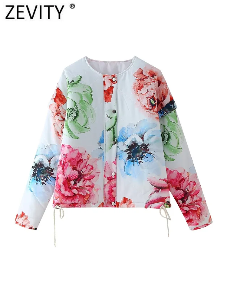 ZEVITY 2024 Women Fashion O Neck Floral Print Quilted Jacket Female Chic Retro Long Sleeve Hem Lace Up Casual Coat Tops CT6285